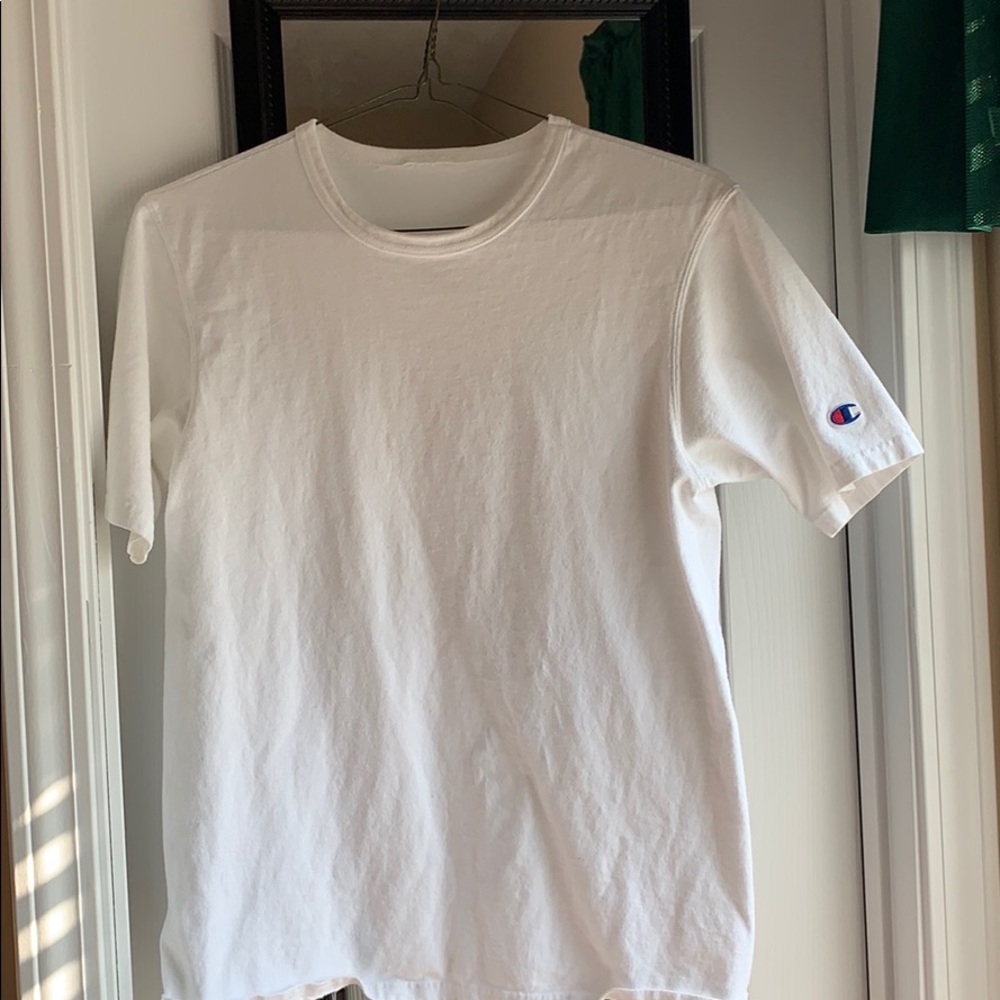 All white Champion tee.